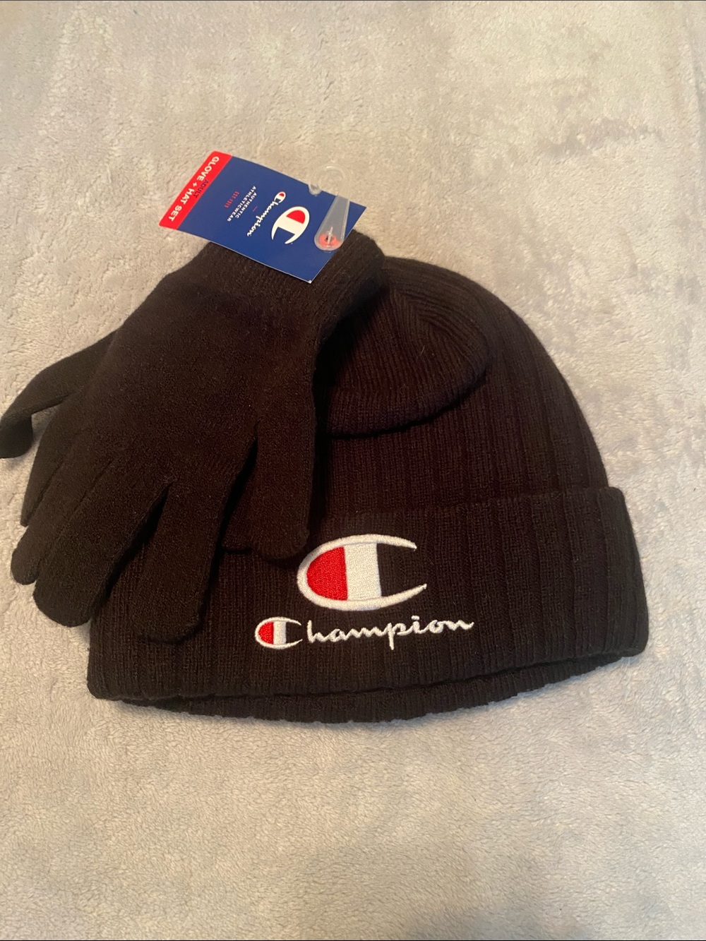 Champion Black Knit Beanie with Logo and Matching Gloves
